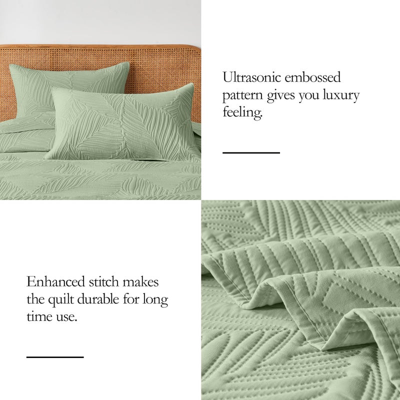 OARAGE King Quilt Bedding Set Lightweight Soft Sage Green Bedspread Coverlet with Leaf Pattern Ultrasonic Microfiber Bed Cover Set for All Season 3 Pieces (1 Quilt  2 Shams) - Image 5